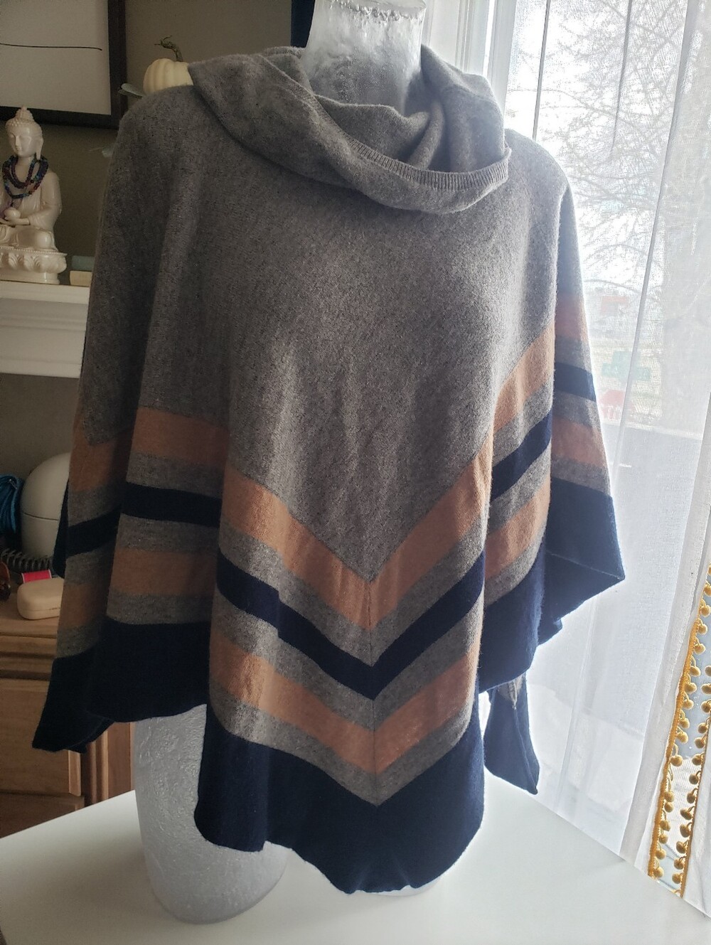 BCBGMaxAzria Wool Gray, Navy & Tan Striped Poncho